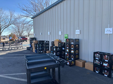 Crates of food stacked outside the Kuna Food Bank